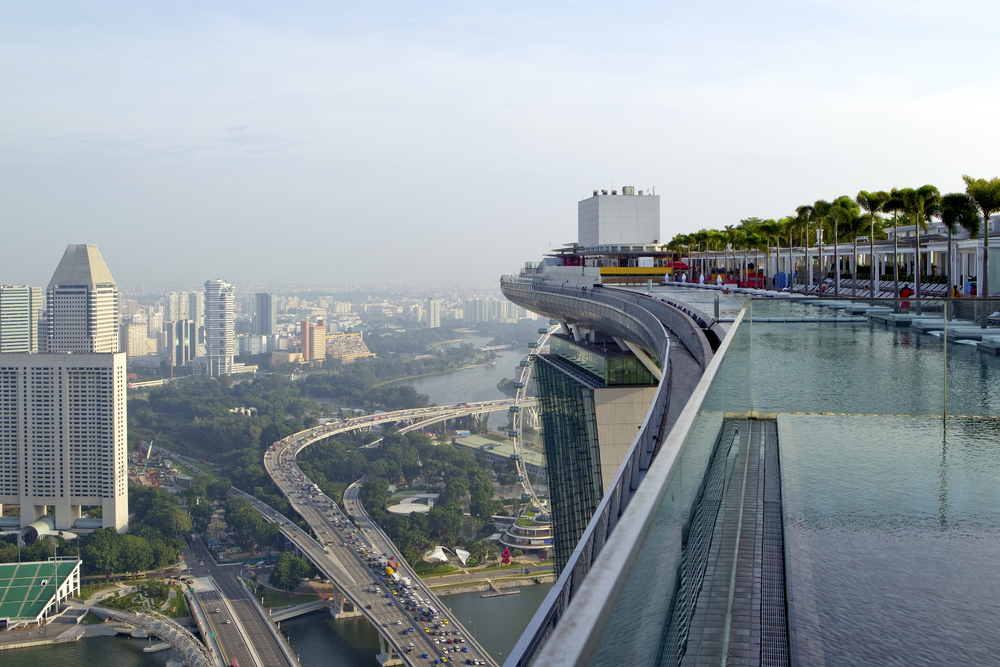 View From The Roof Top Pool At New Marina Bay Sands Hotel In Early Morning, Singapore